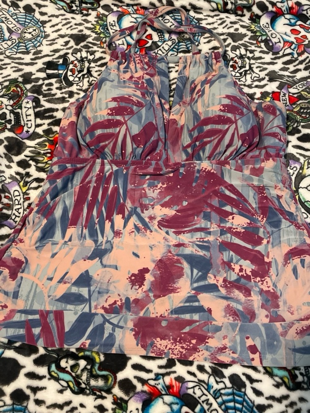 Halter Tankini Top in Pink and Blue Tropical Print